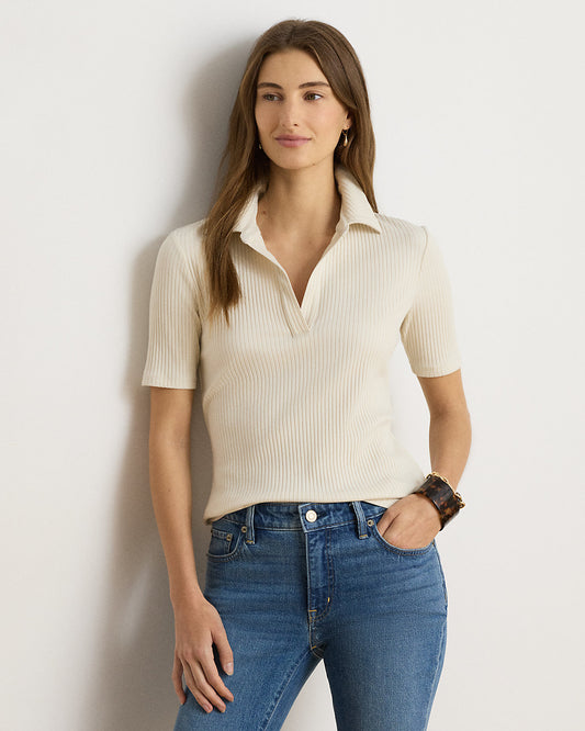 Rib-Knit Elbow-Sleeve Polo Tee