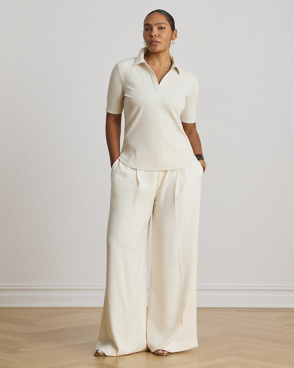 Rib-Knit Elbow-Sleeve Polo Tee