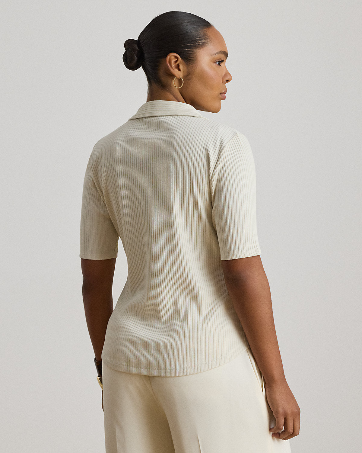 Rib-Knit Elbow-Sleeve Polo Tee