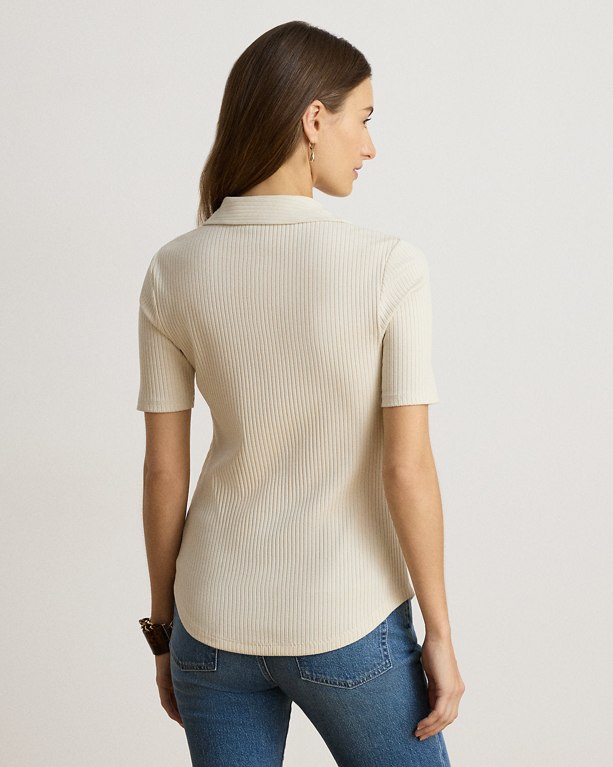 Rib-Knit Elbow-Sleeve Polo Tee