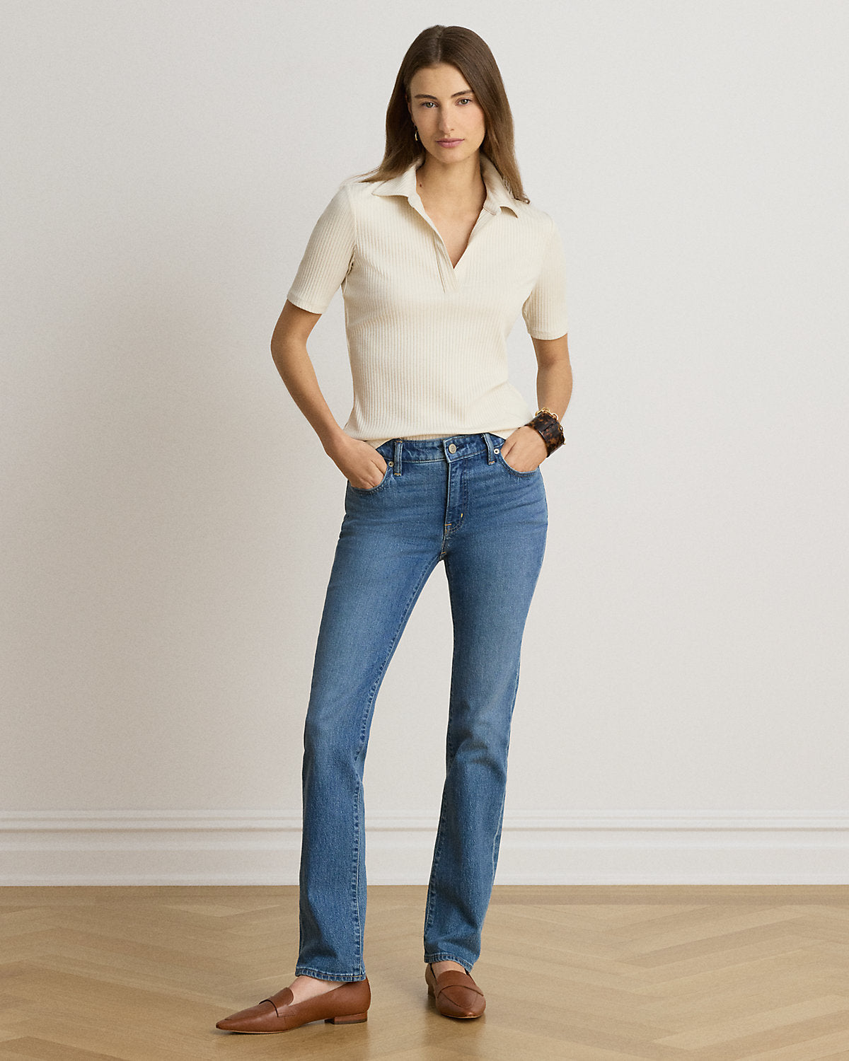 Rib-Knit Elbow-Sleeve Polo Tee