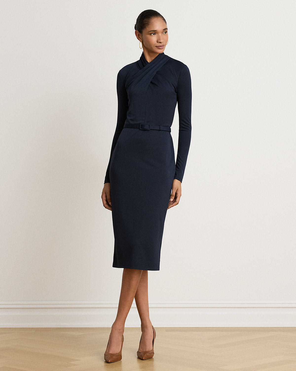 Belted Mockneck Jersey Dress