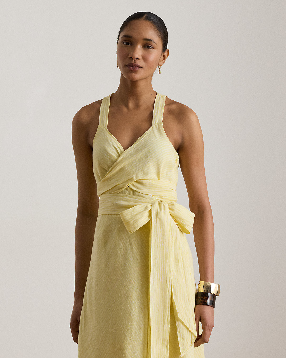 Striped Tie-Front Linen Midi Dress