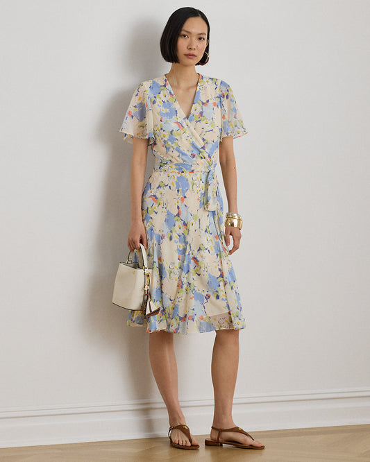 Floral Crinkle Georgette Surplice Dress