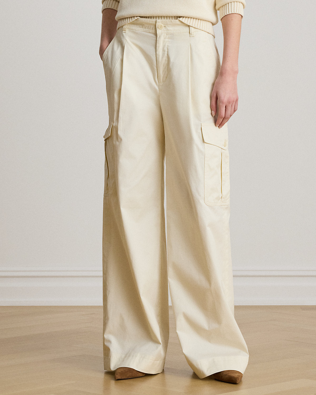 Pleated Cotton Twill Wide-Leg Cargo Pant
