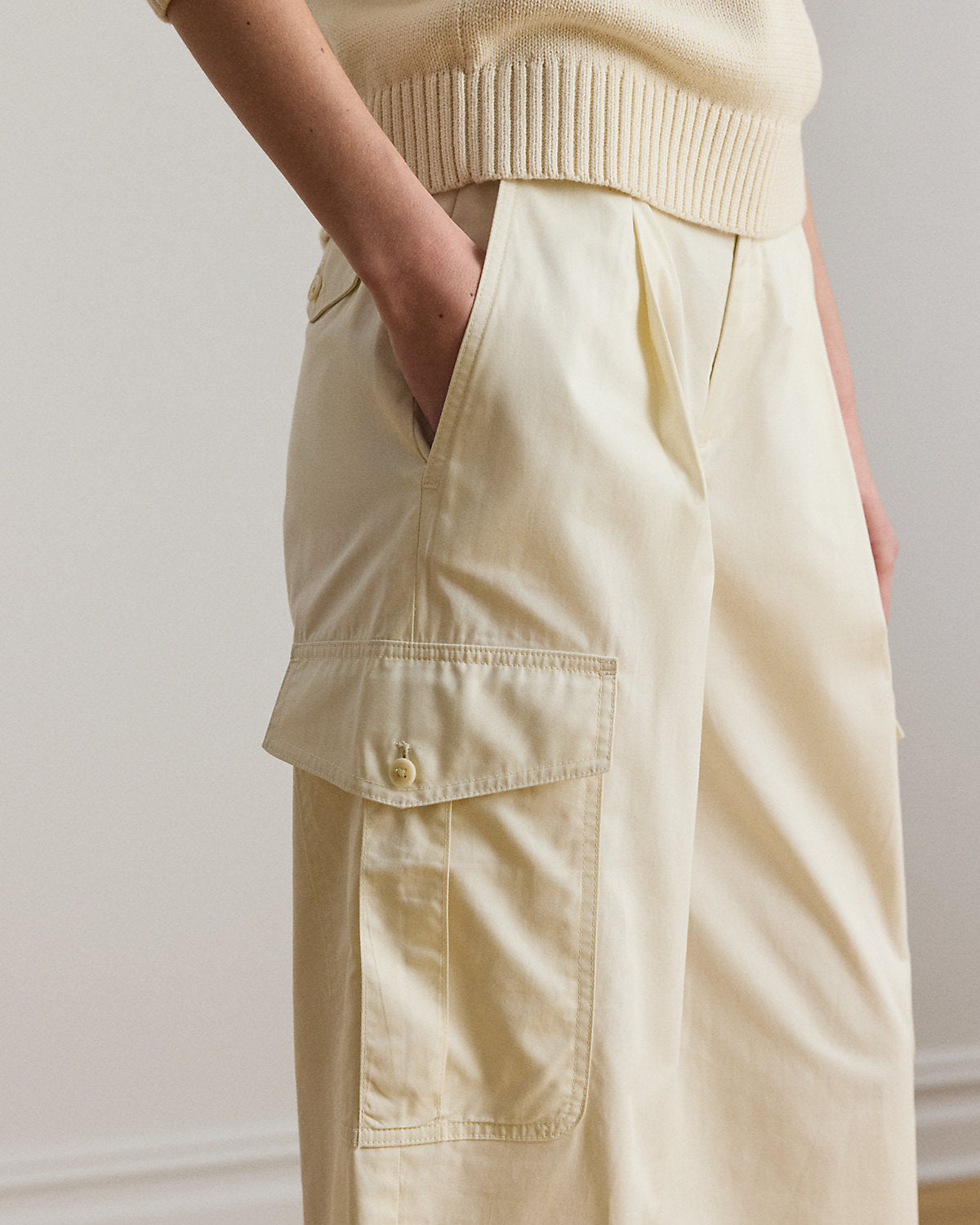 Pleated Cotton Twill Wide-Leg Cargo Pant