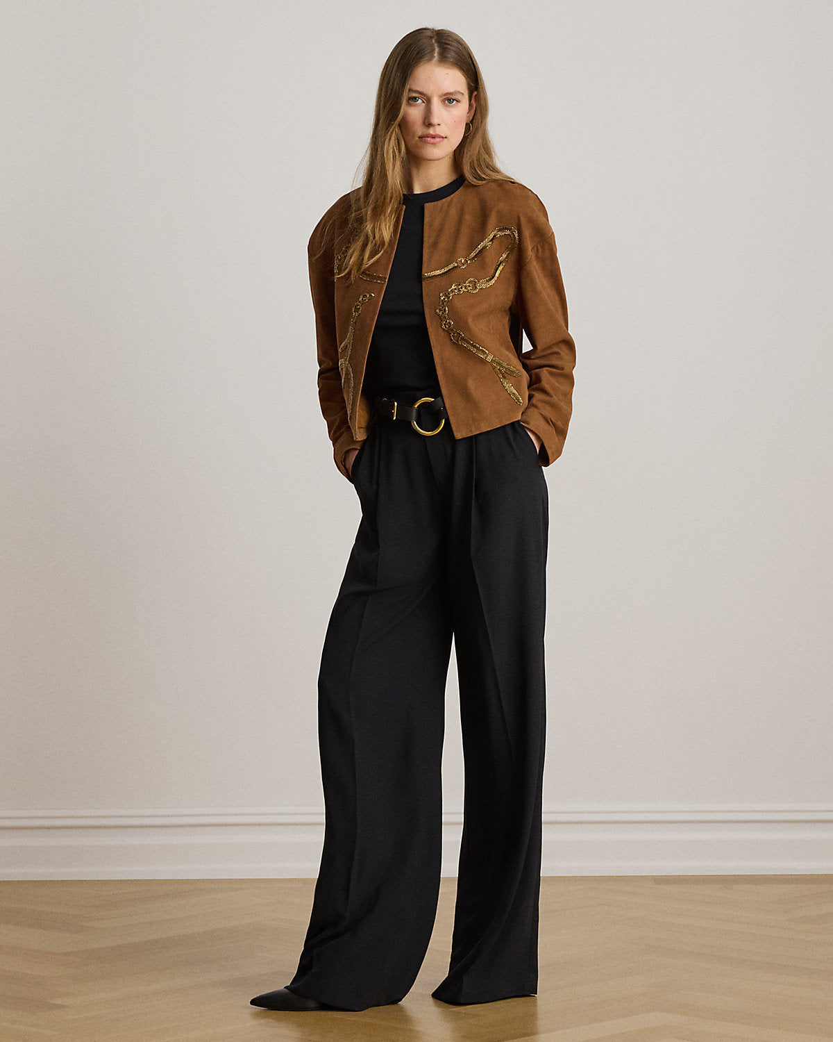 Beaded-Belting-Motif Goat-Suede Jacket