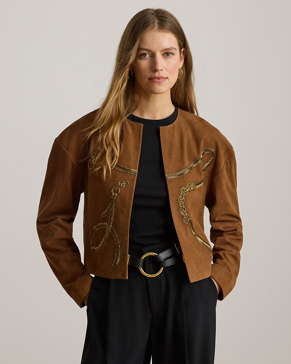 Beaded-Belting-Motif Goat-Suede Jacket
