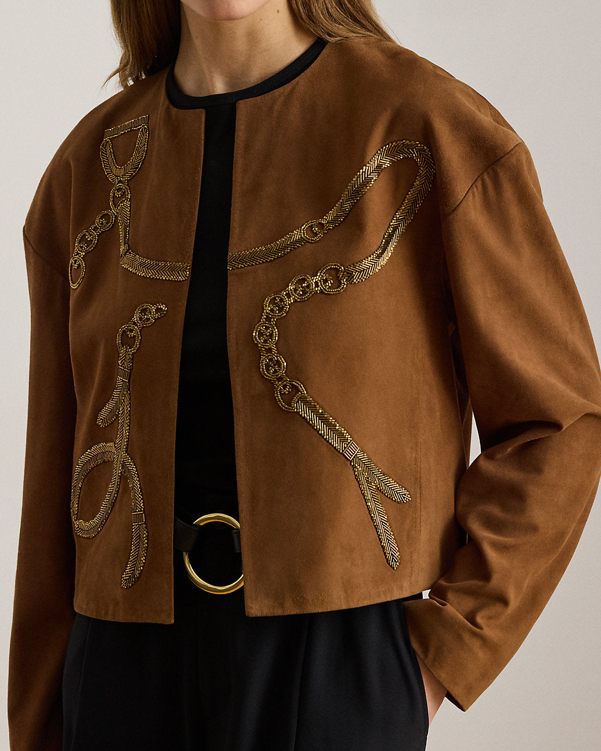 Beaded-Belting-Motif Goat-Suede Jacket