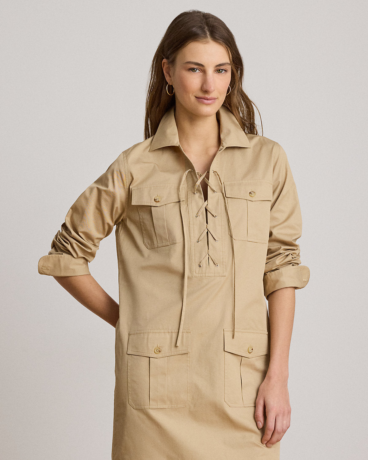Lace-Up Cotton Twill Shirtdress