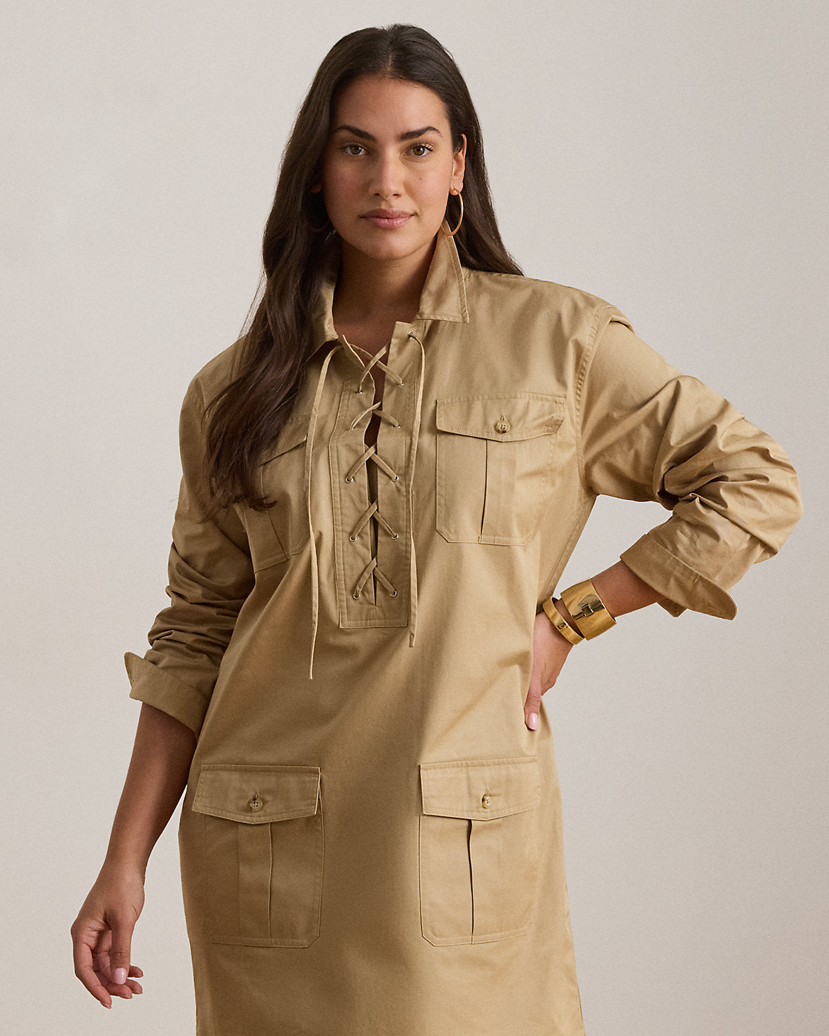 Lace-Up Cotton Twill Shirtdress
