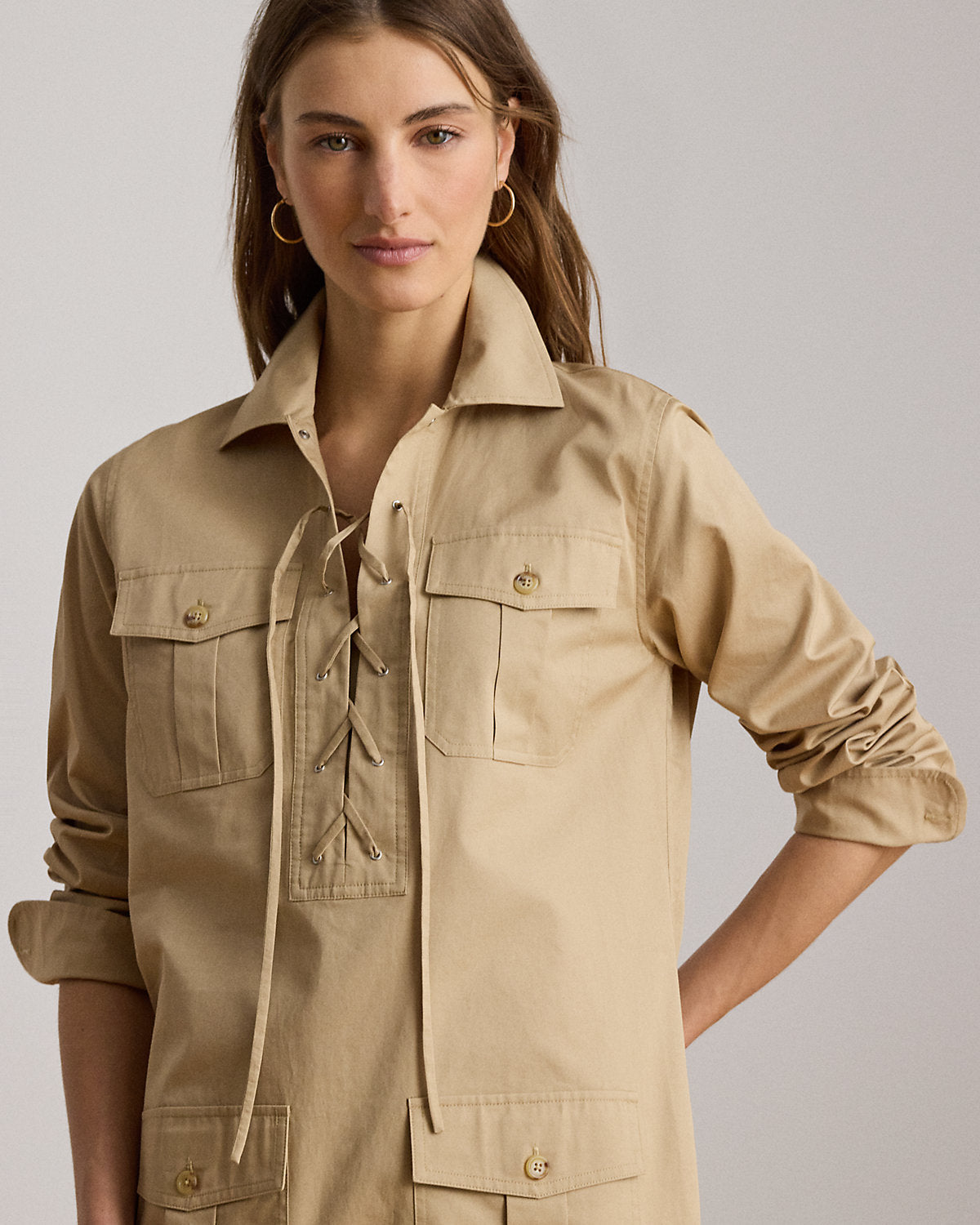 Lace-Up Cotton Twill Shirtdress