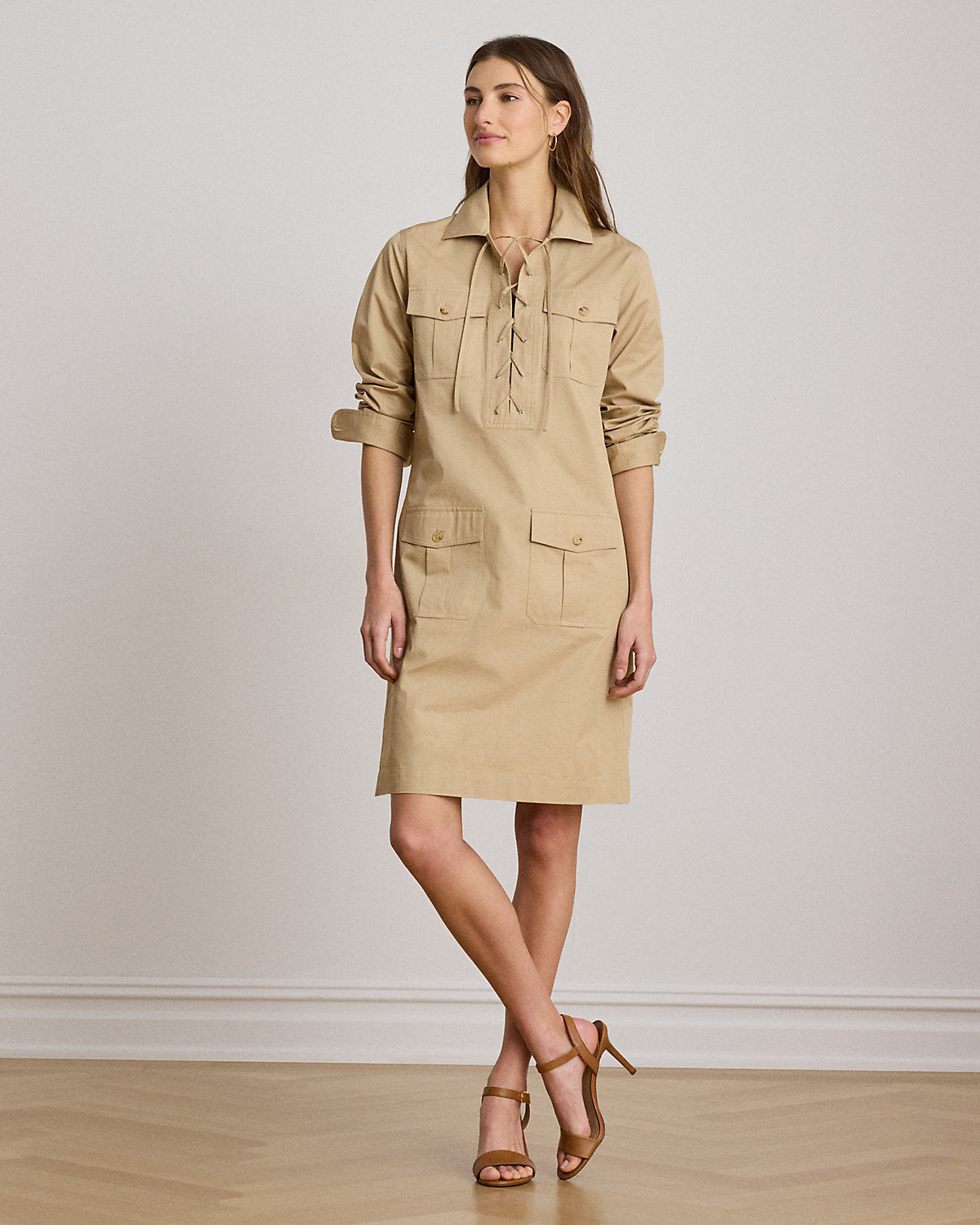 Lace-Up Cotton Twill Shirtdress