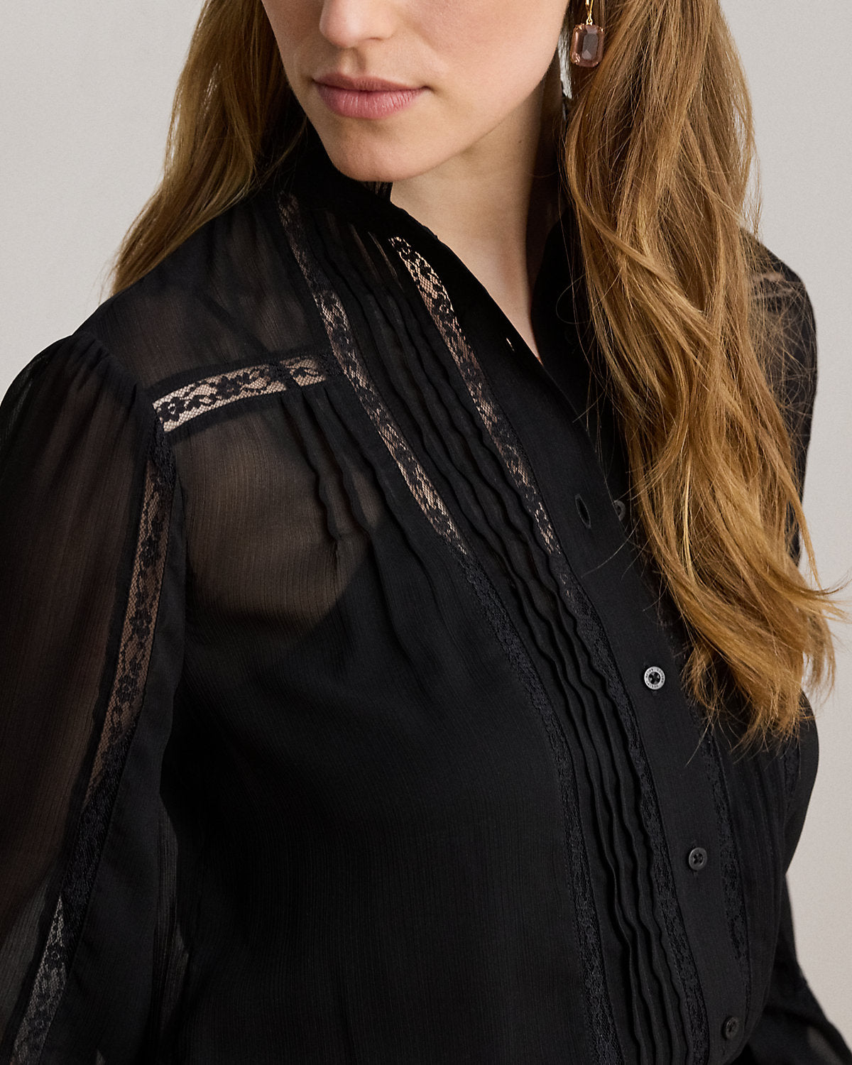 Lace-Trim Crinkle Georgette Blouse
