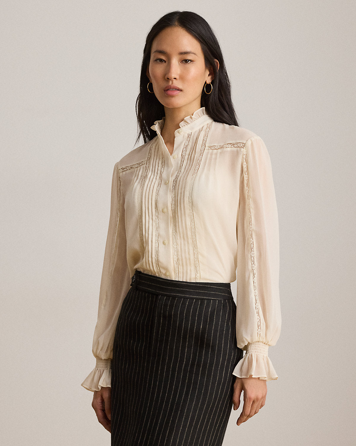 Lace-Trim Crinkle Georgette Blouse