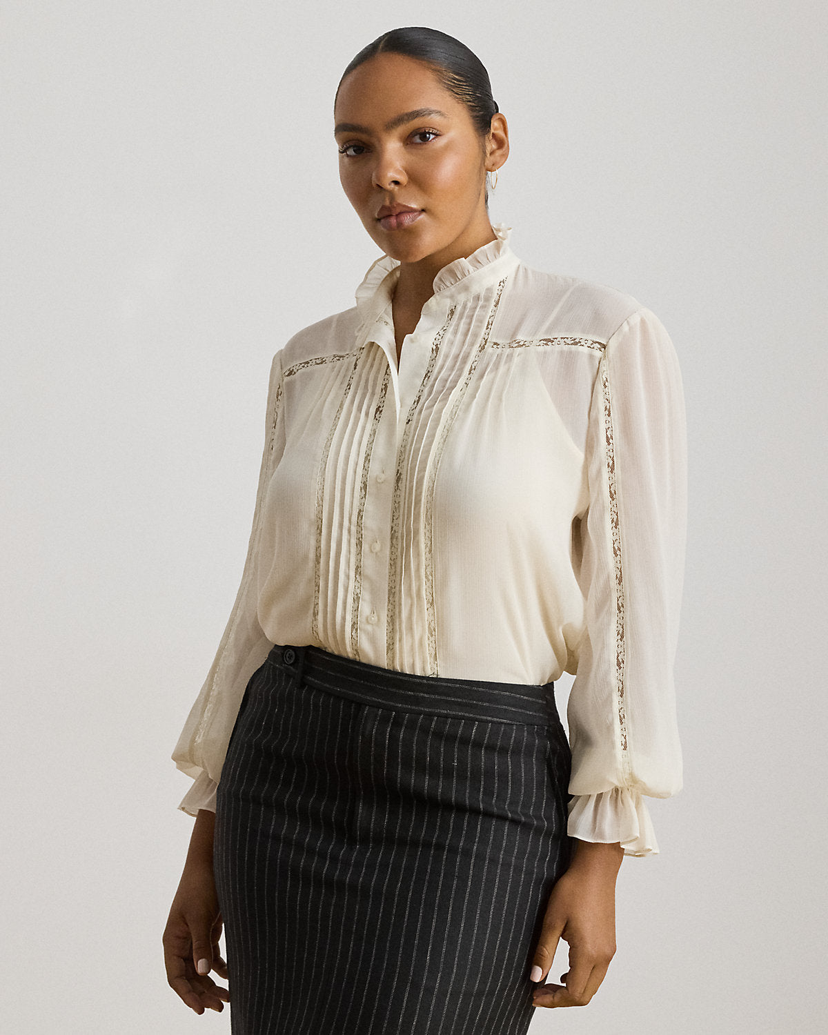 Lace-Trim Crinkle Georgette Blouse
