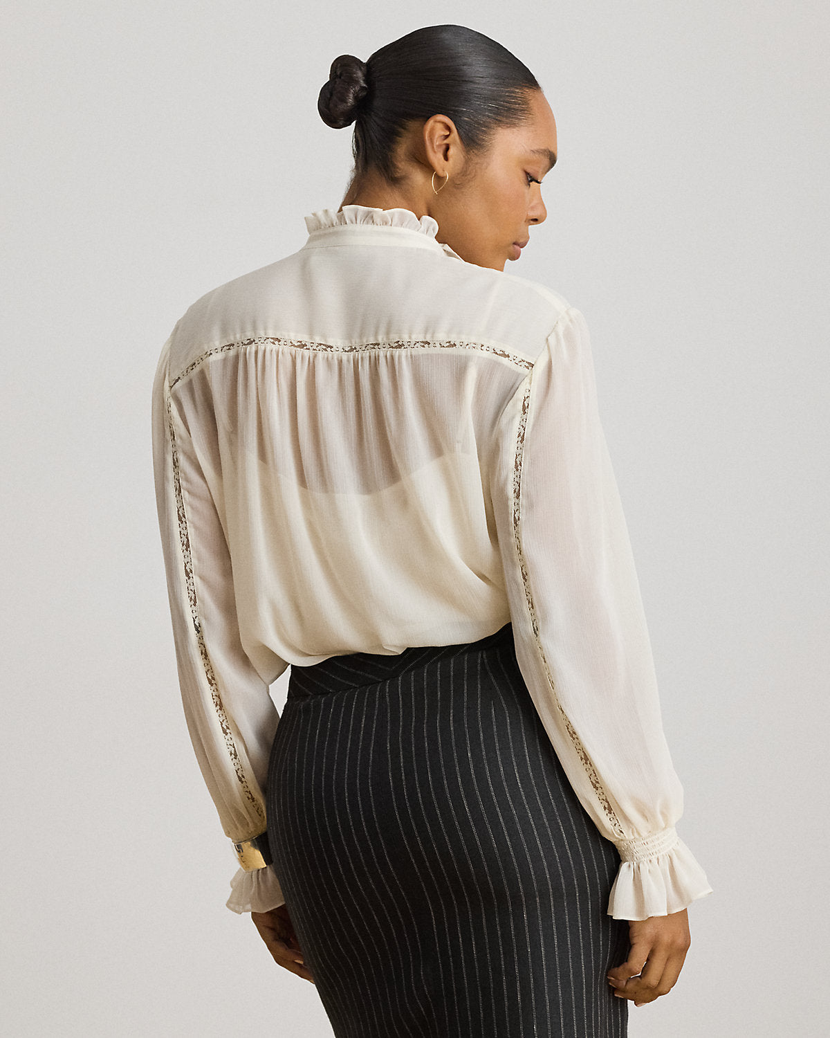 Lace-Trim Crinkle Georgette Blouse