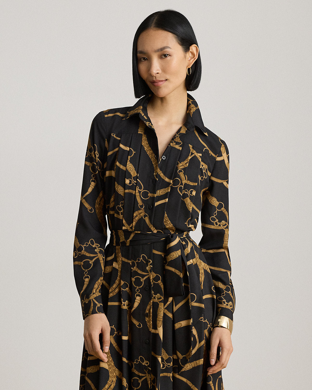 Belting-Print Pleated Crepe Shirtdress