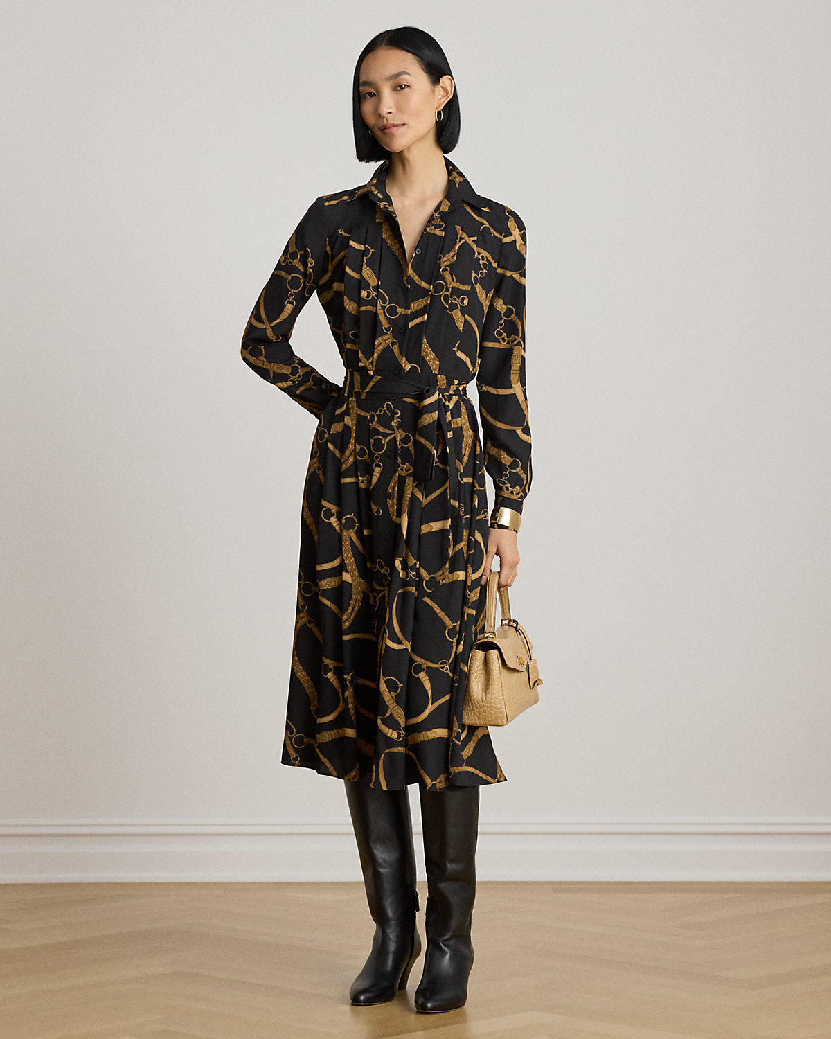 Belting-Print Pleated Crepe Shirtdress