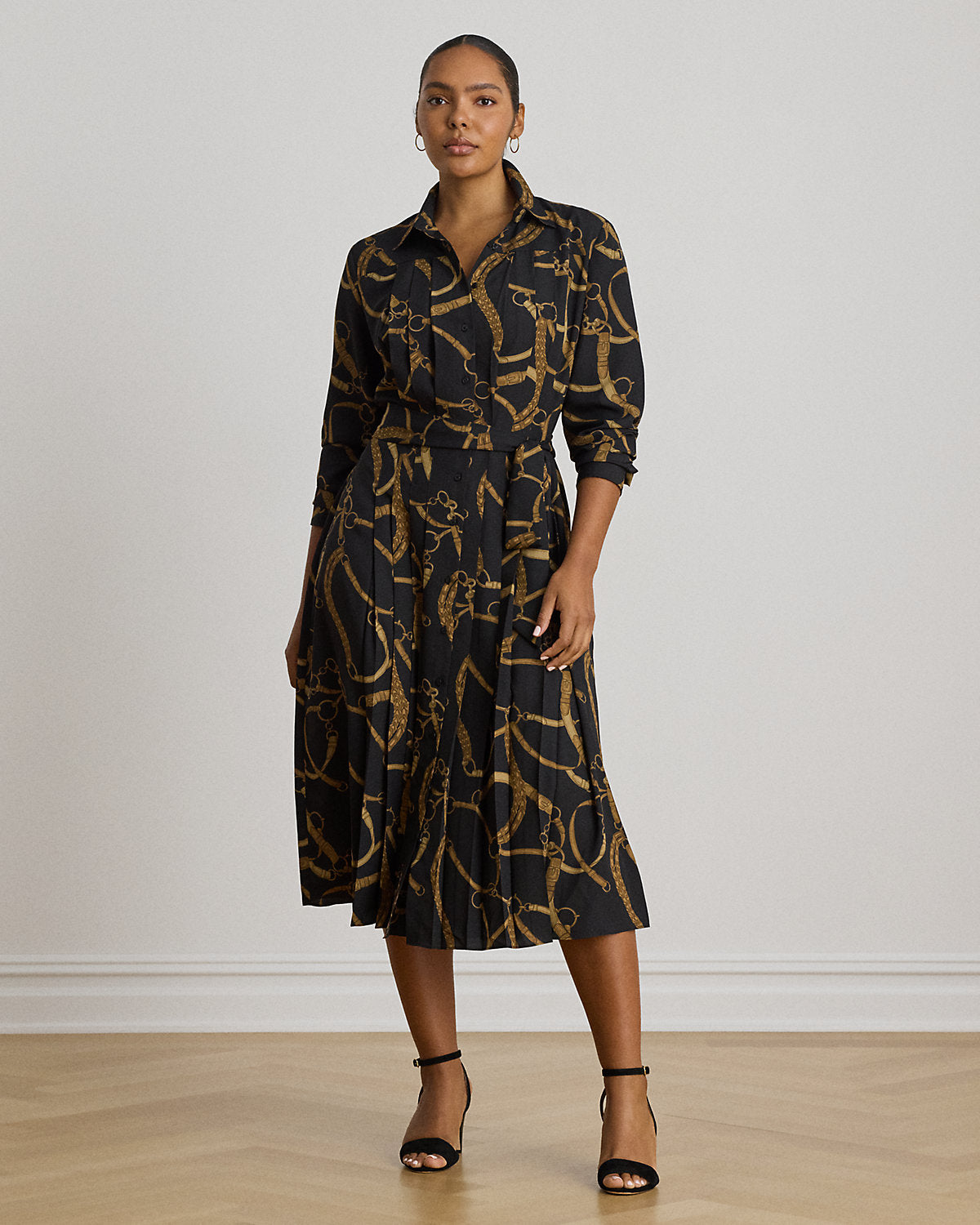 Belting-Print Pleated Crepe Shirtdress