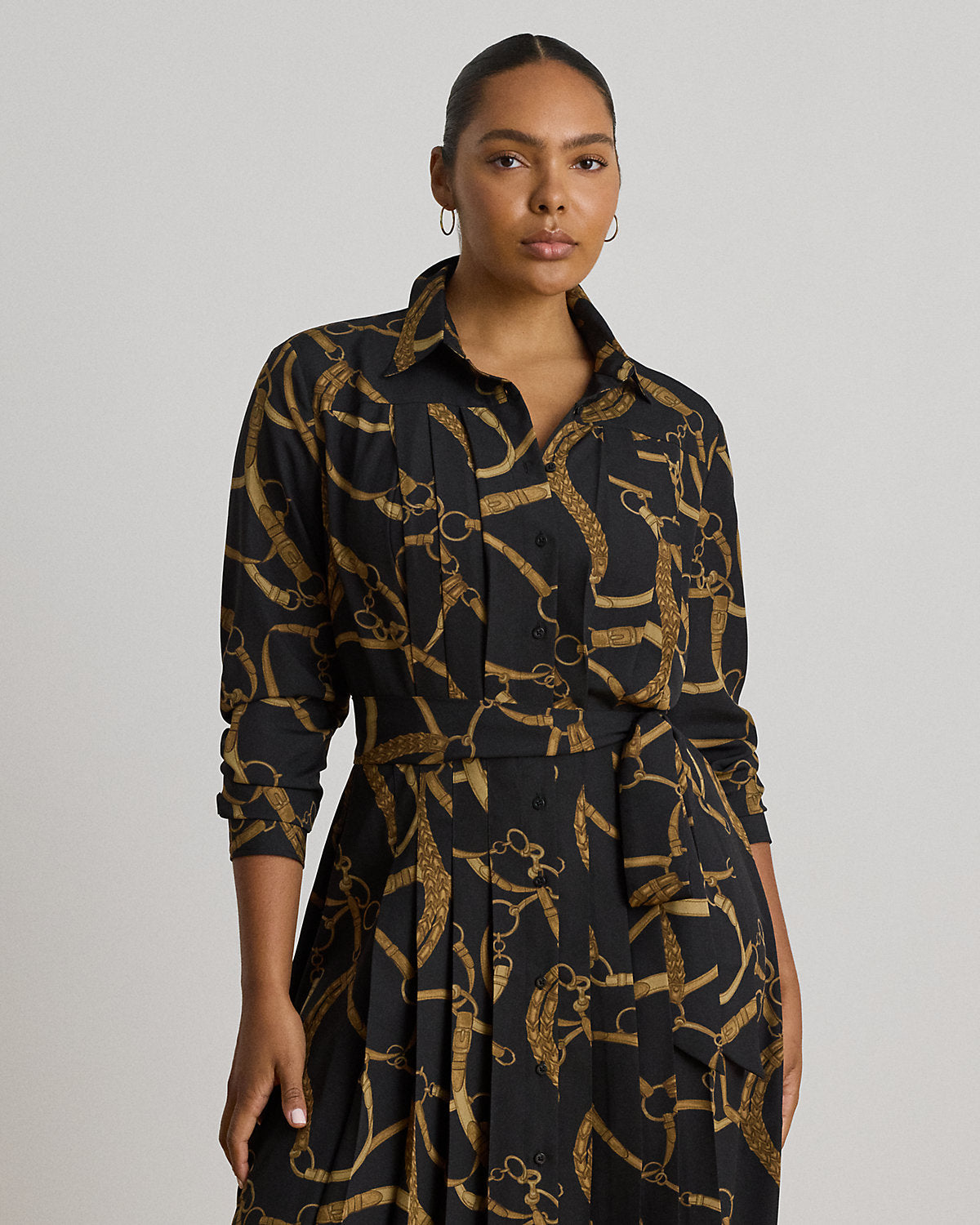 Belting-Print Pleated Crepe Shirtdress