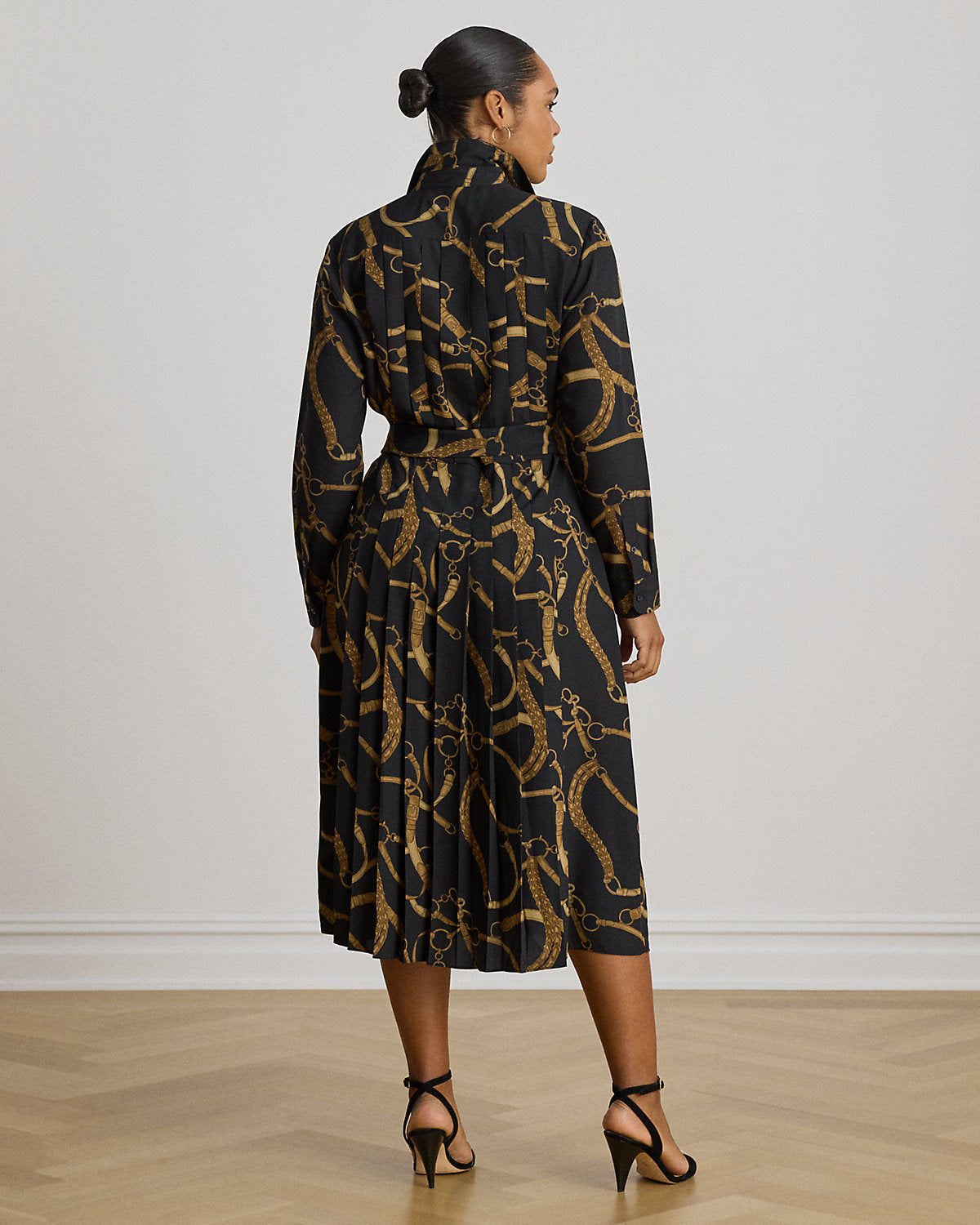 Belting-Print Pleated Crepe Shirtdress