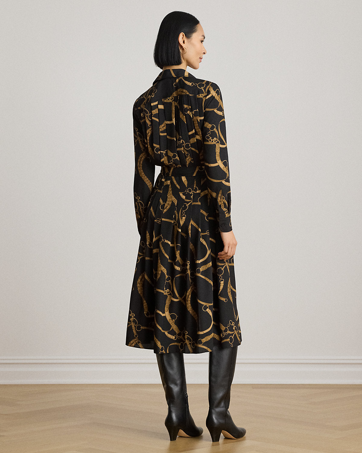 Belting-Print Pleated Crepe Shirtdress
