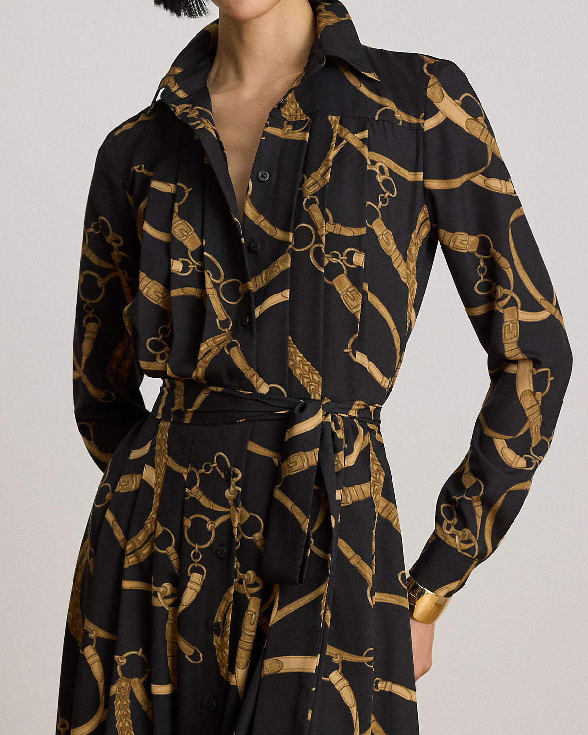 Belting-Print Pleated Crepe Shirtdress