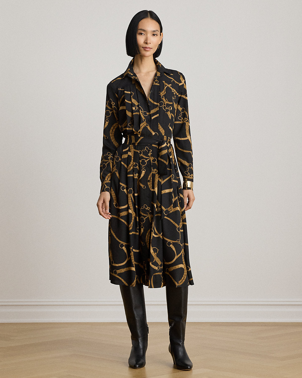 Belting-Print Pleated Crepe Shirtdress