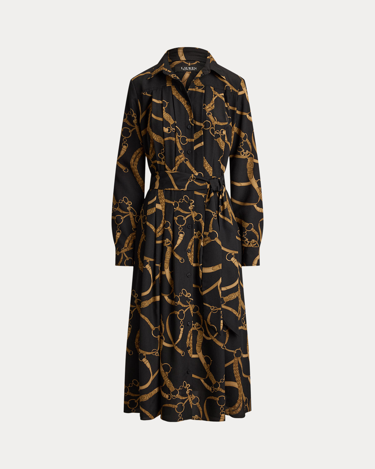 Belting-Print Pleated Crepe Shirtdress