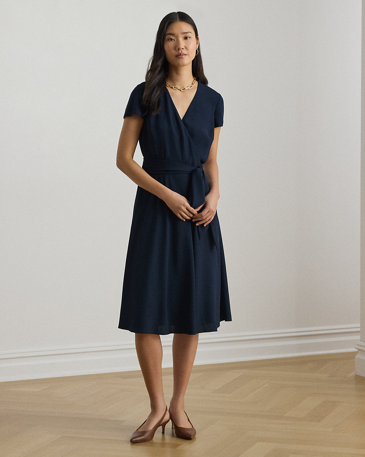 Belted Georgette Surplice Dress