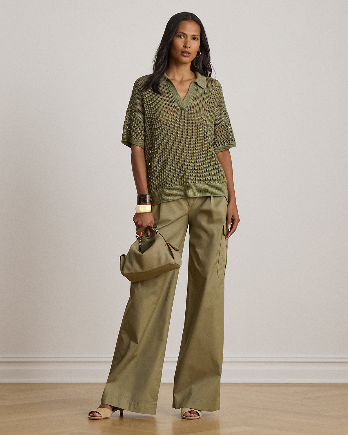 Linen-Blend Mesh Short-Sleeve Sweater