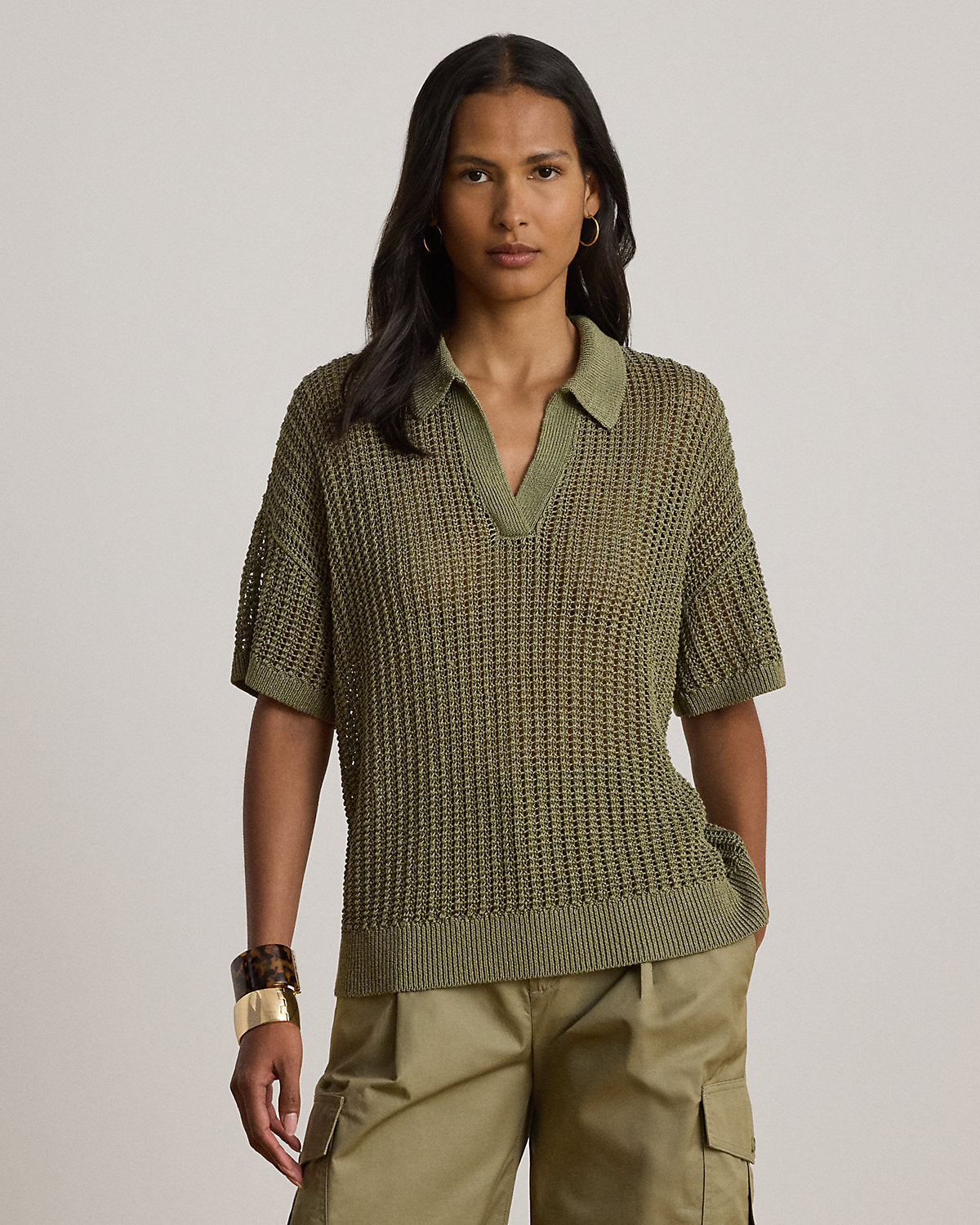 Linen-Blend Mesh Short-Sleeve Sweater