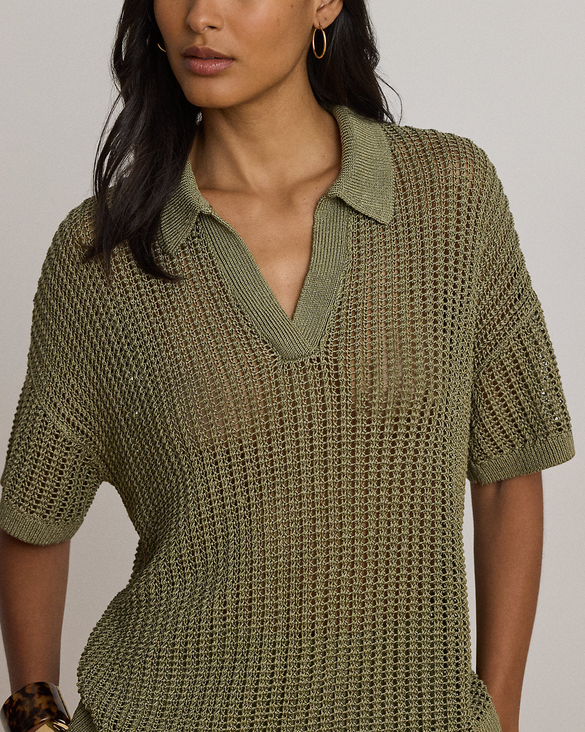Linen-Blend Mesh Short-Sleeve Sweater