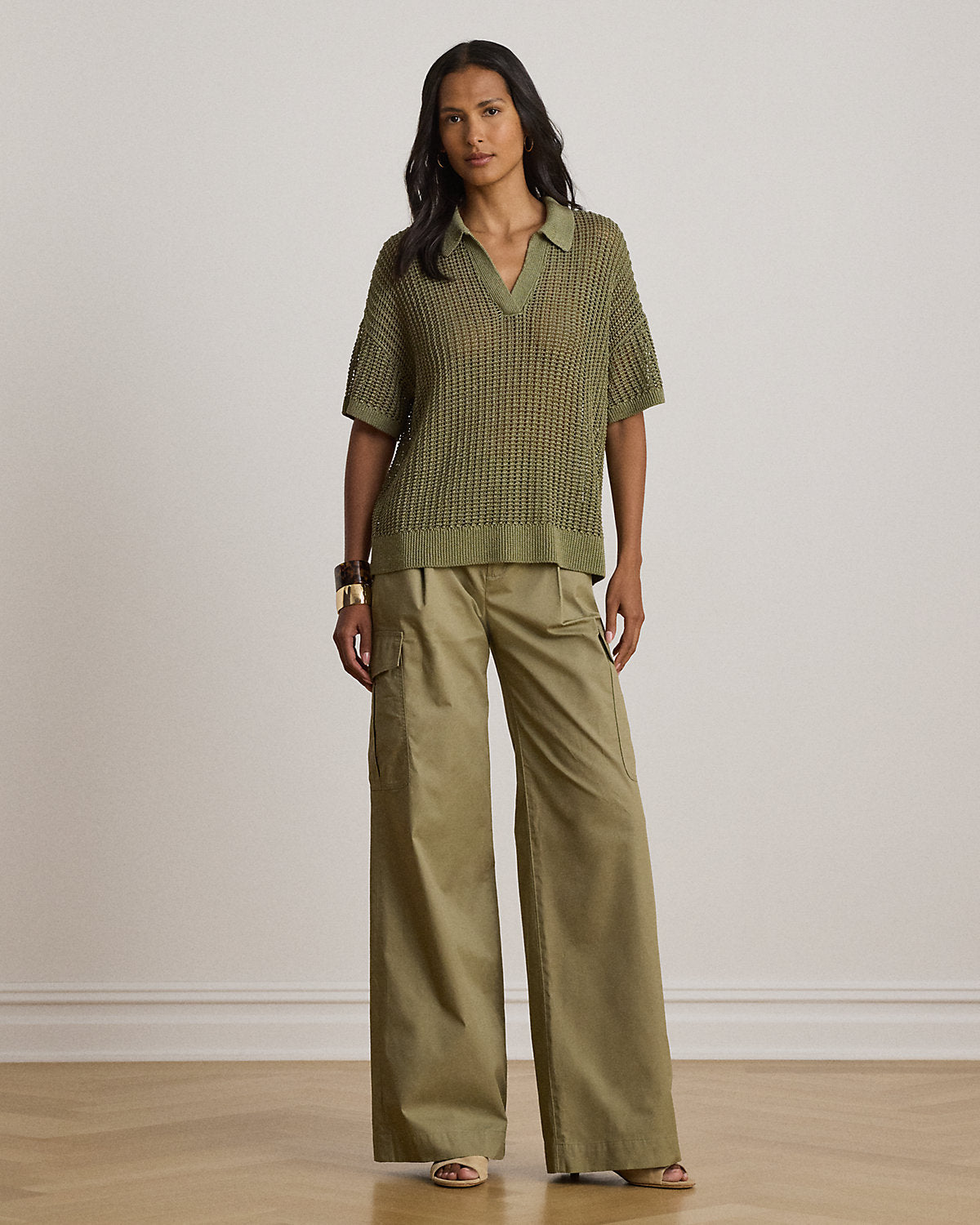 Linen-Blend Mesh Short-Sleeve Sweater