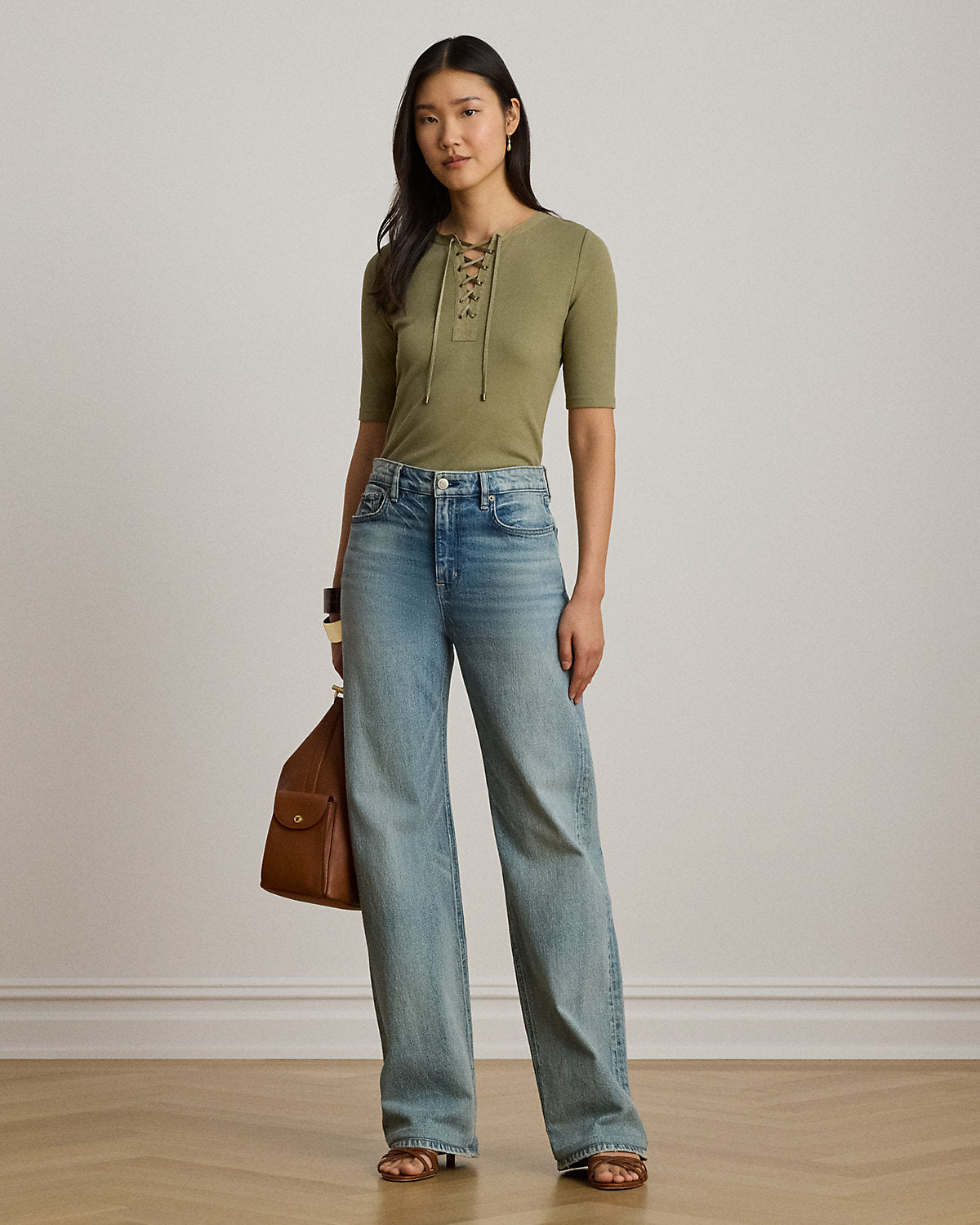 Lace-Up Ribbed Elbow-Sleeve Tee