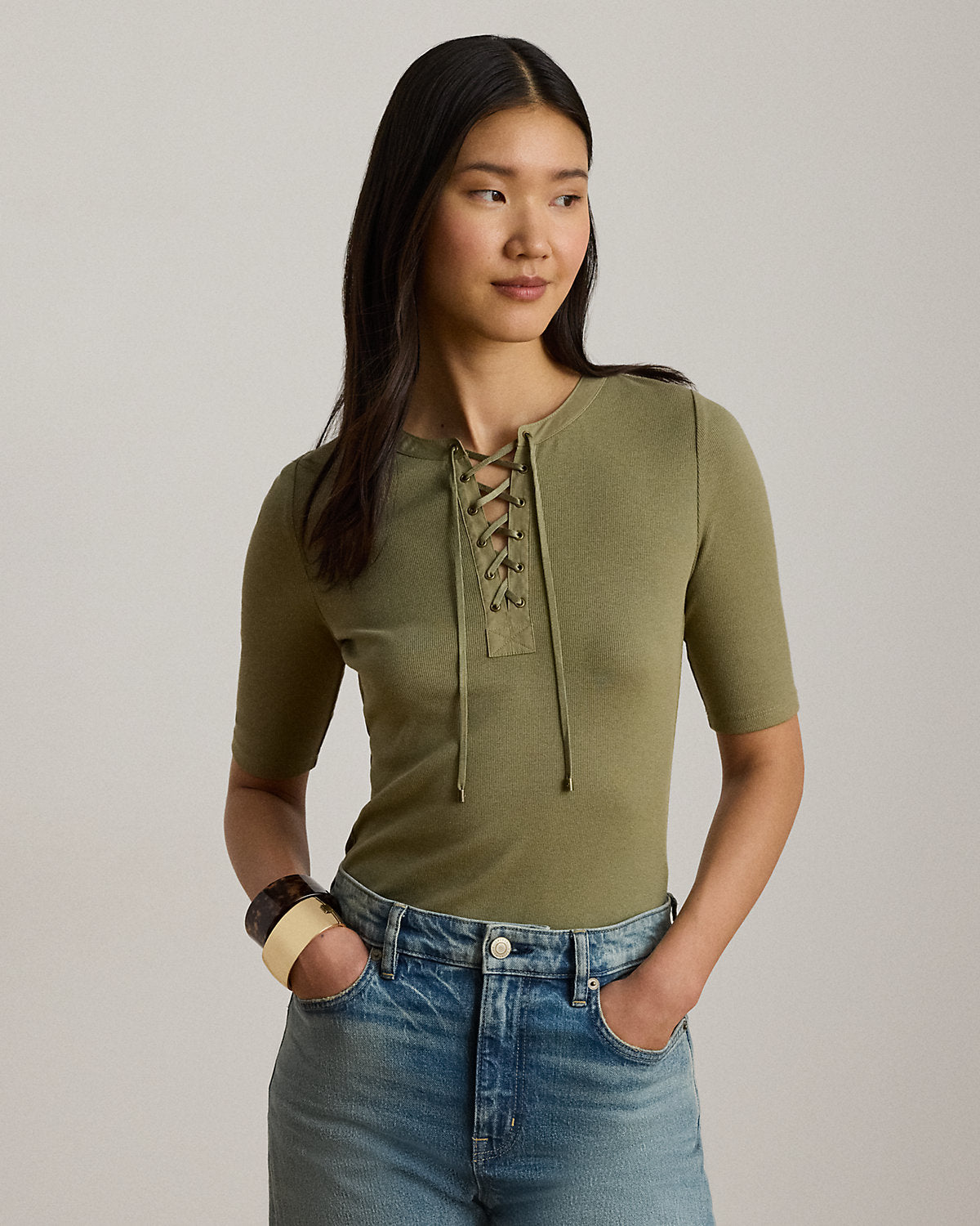 Lace-Up Ribbed Elbow-Sleeve Tee
