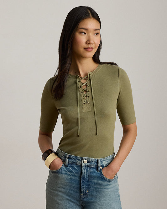 Lace-Up Ribbed Elbow-Sleeve Tee