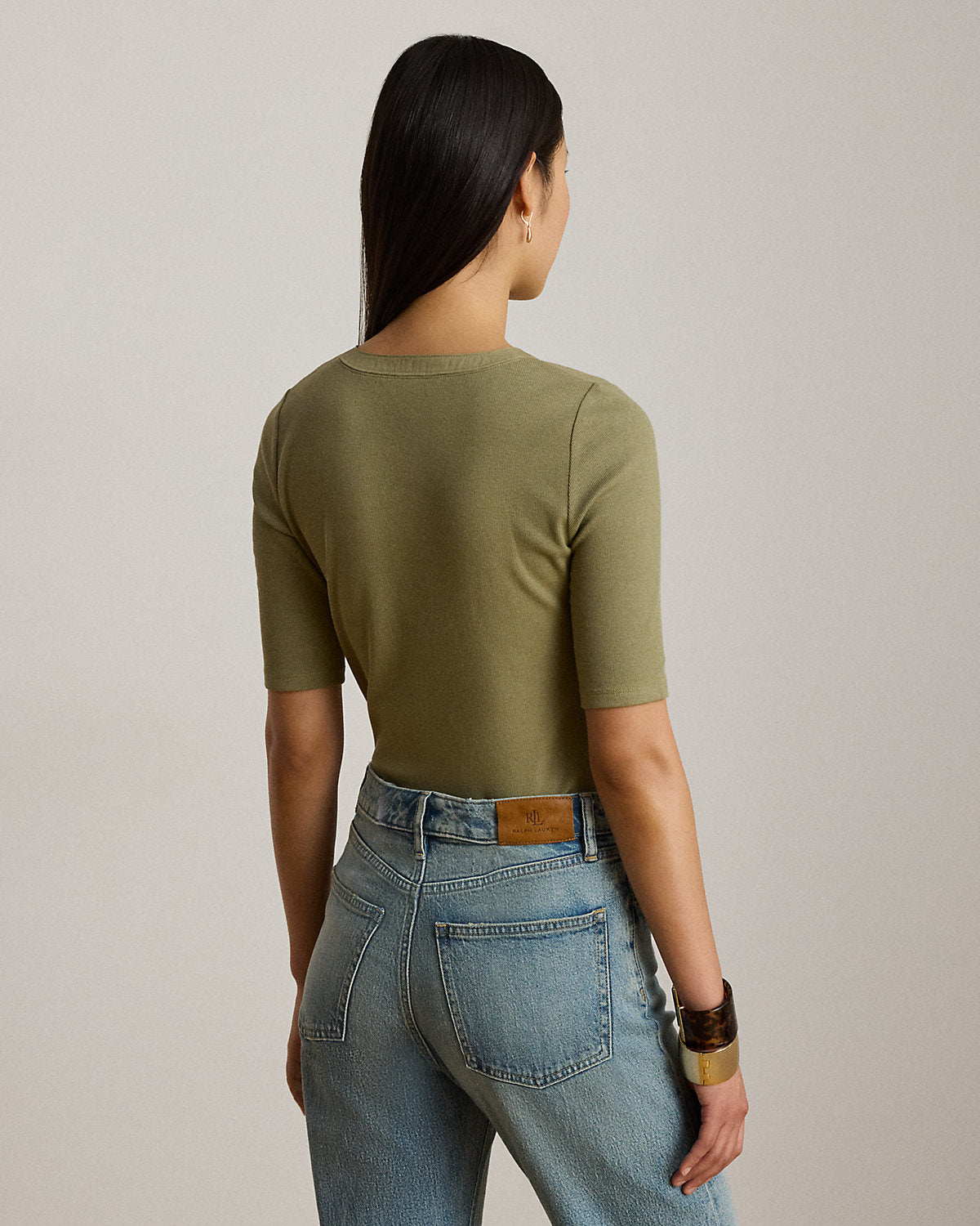Lace-Up Ribbed Elbow-Sleeve Tee