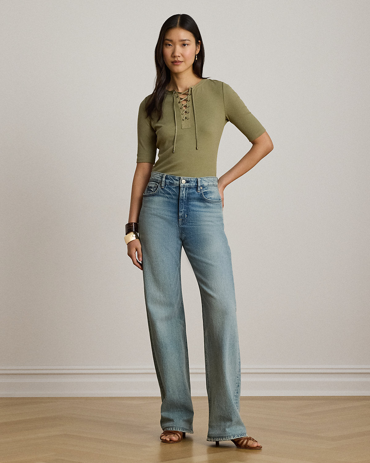 Lace-Up Ribbed Elbow-Sleeve Tee