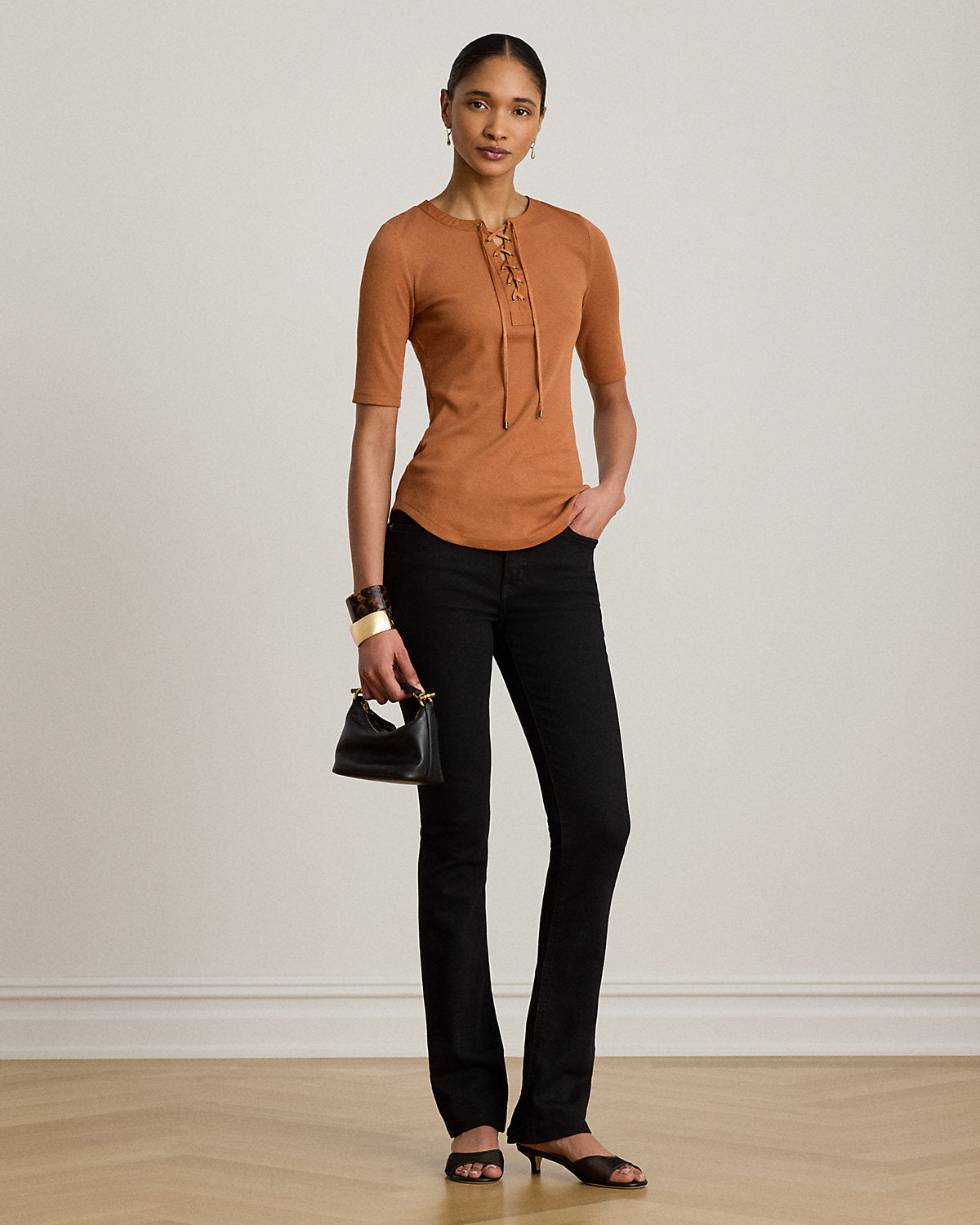 Lace-Up Ribbed Elbow-Sleeve Tee