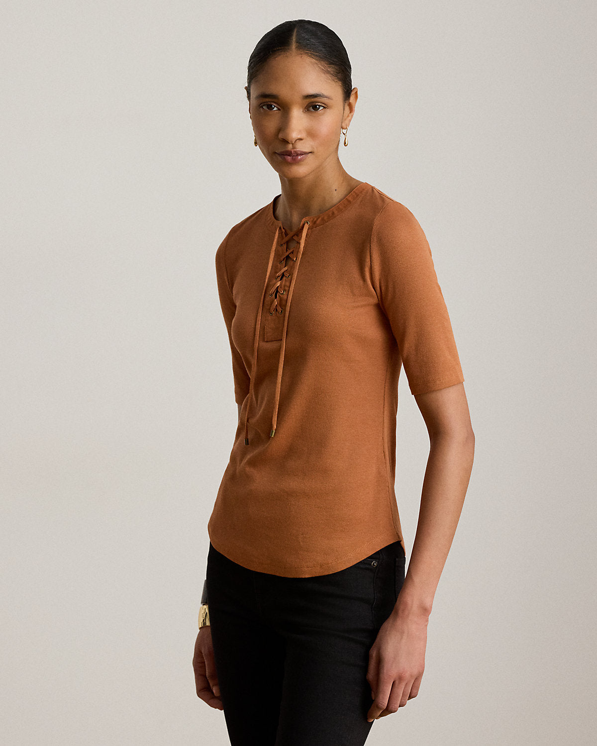 Lace-Up Ribbed Elbow-Sleeve Tee
