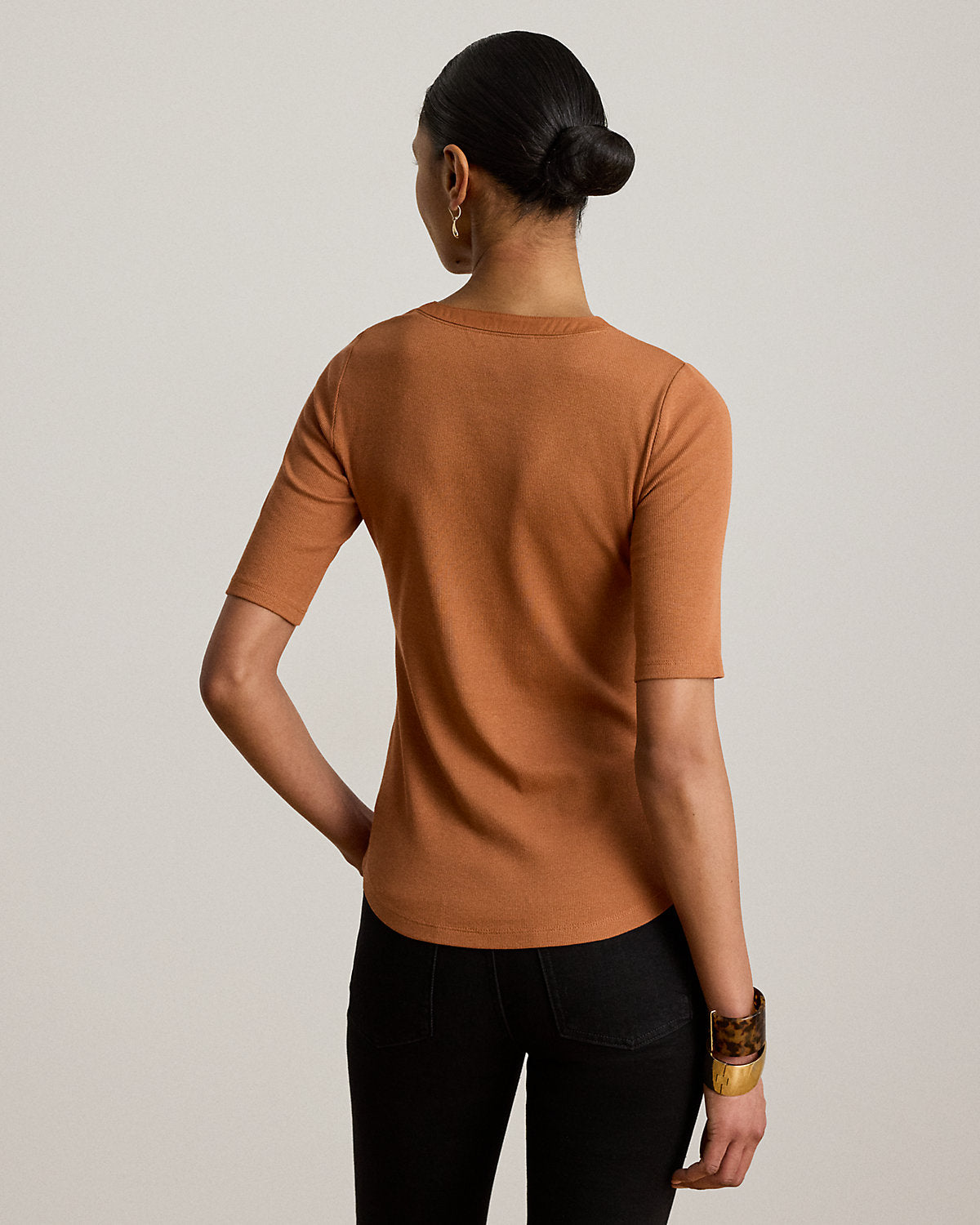 Lace-Up Ribbed Elbow-Sleeve Tee