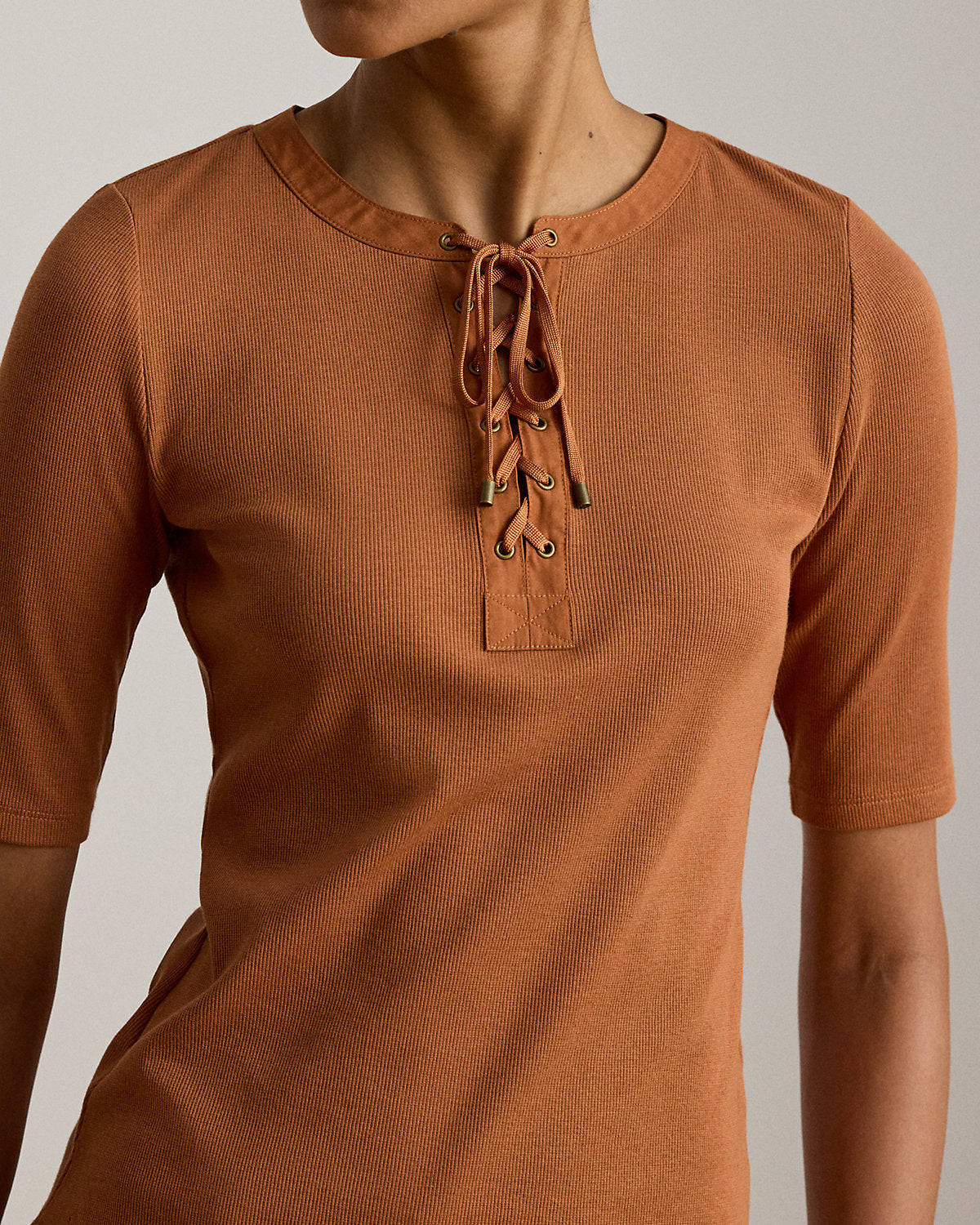 Lace-Up Ribbed Elbow-Sleeve Tee