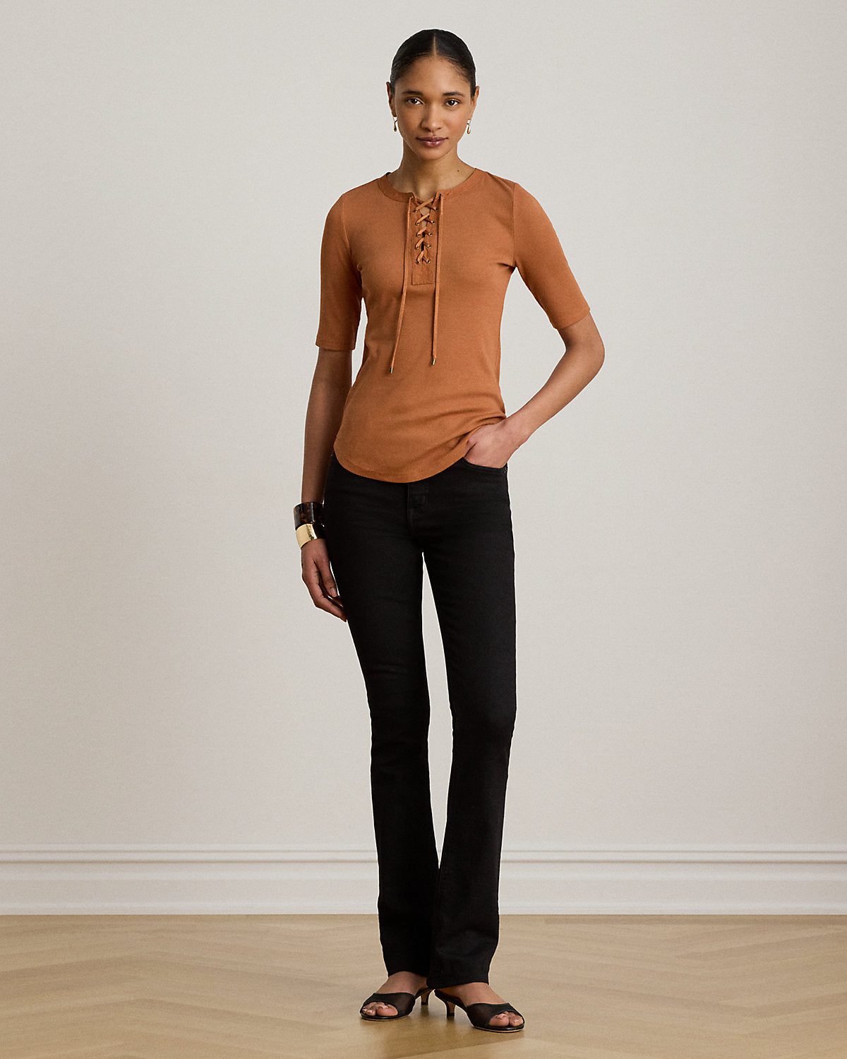 Lace-Up Ribbed Elbow-Sleeve Tee