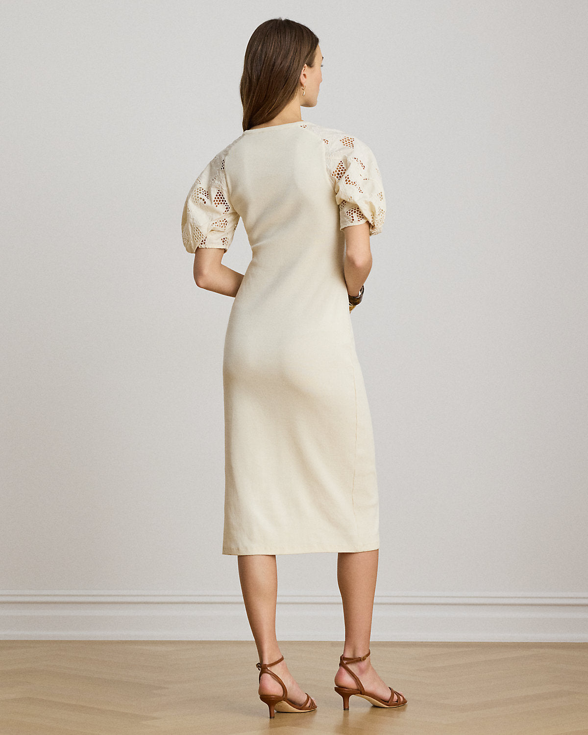 Rib-Knit Cotton Eyelet-Puff-Sleeve Dress