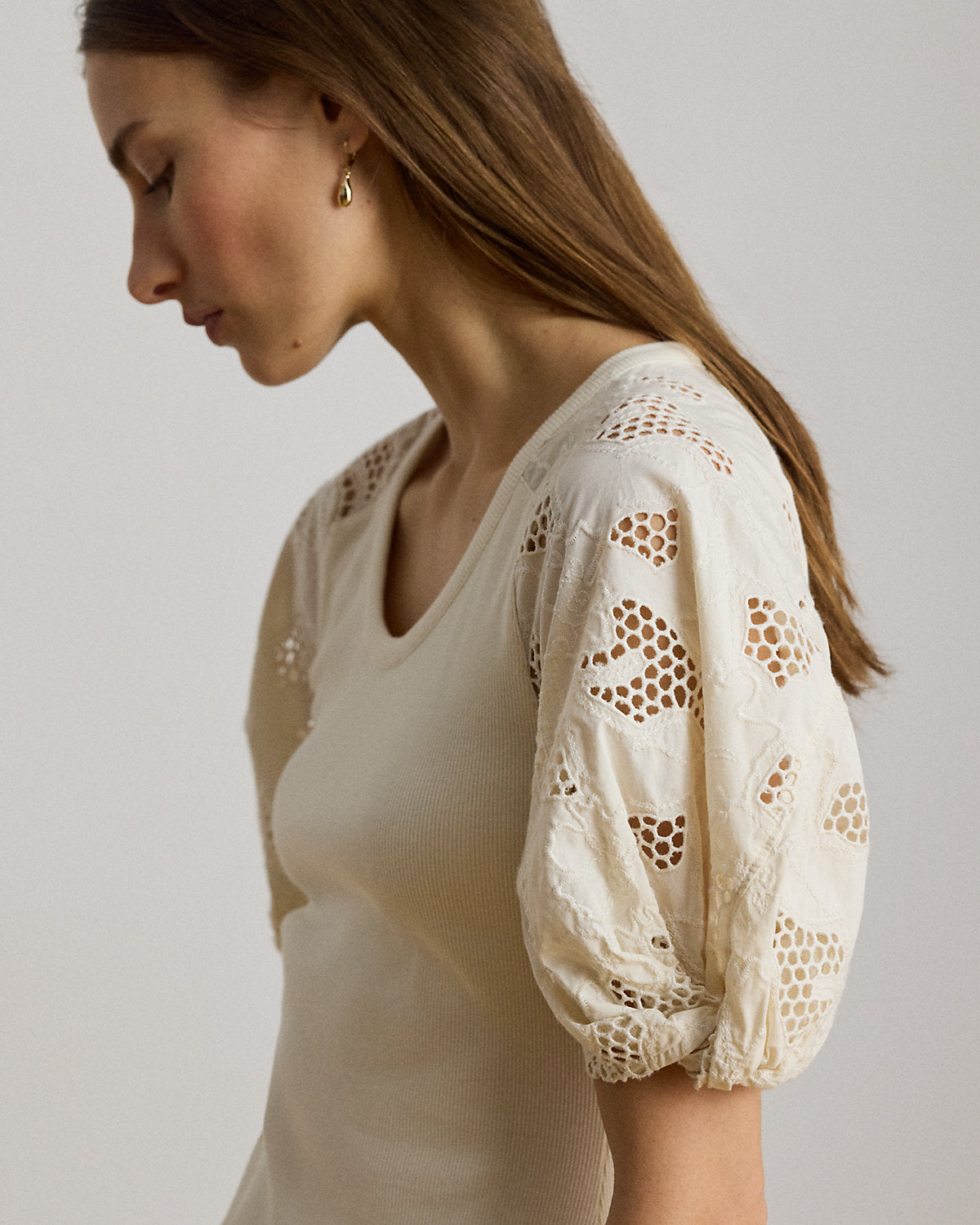 Rib-Knit Cotton Eyelet-Puff-Sleeve Dress