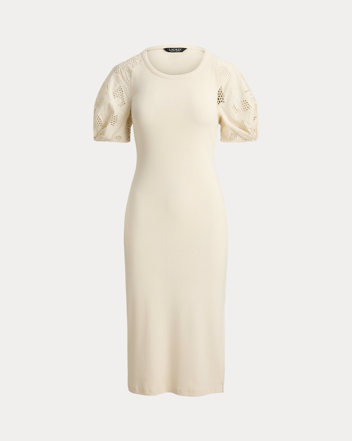 Rib-Knit Cotton Eyelet-Puff-Sleeve Dress