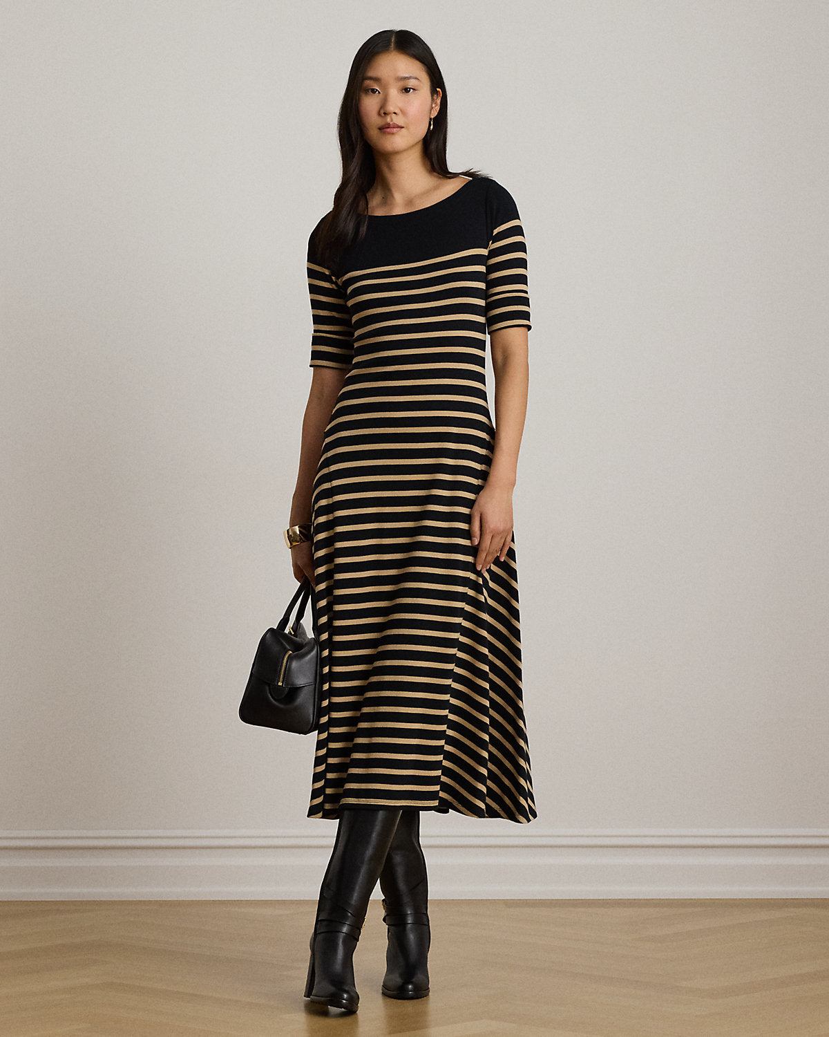 Breton-Stripe Cotton Ribbed Midi Dress