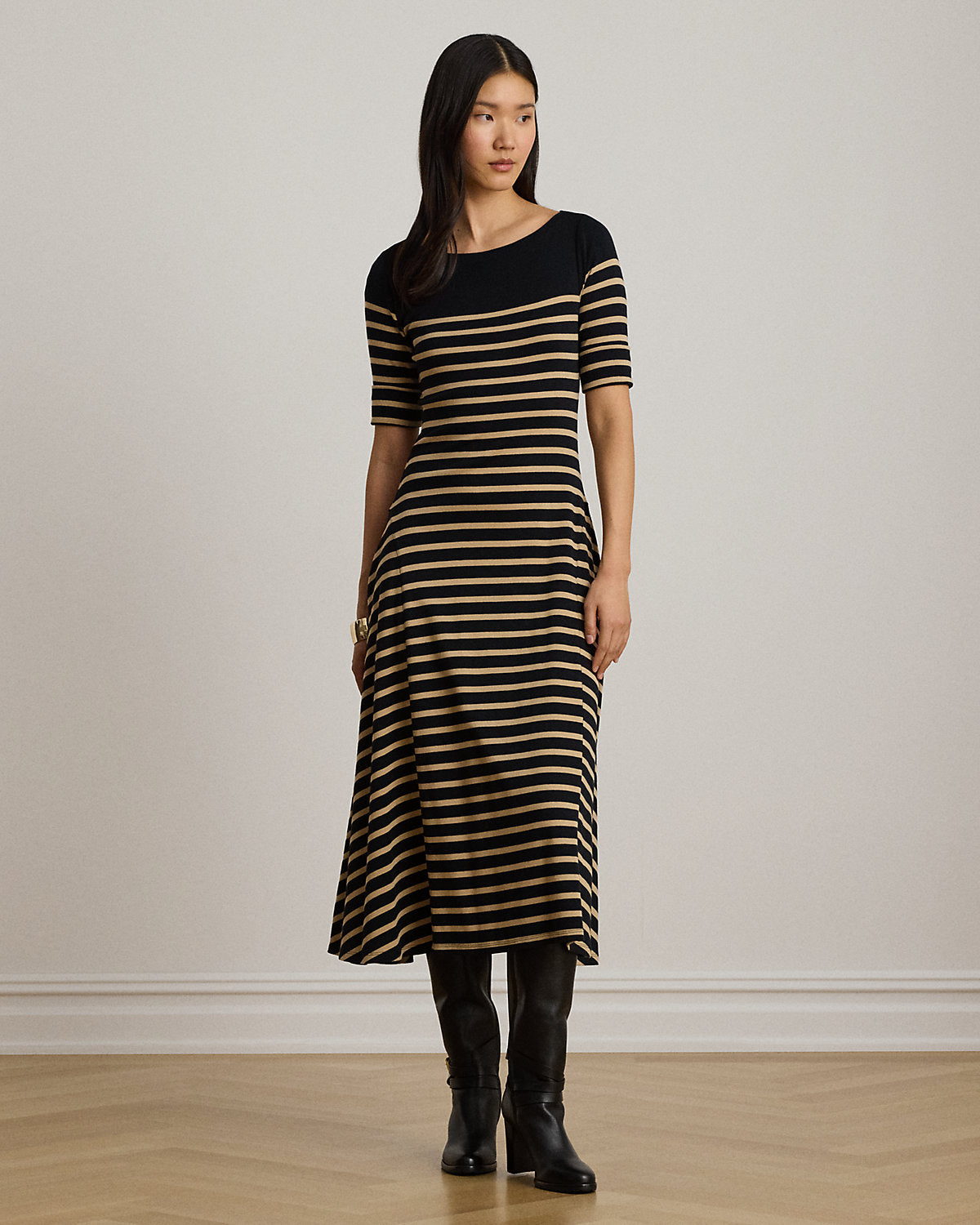Breton-Stripe Cotton Ribbed Midi Dress